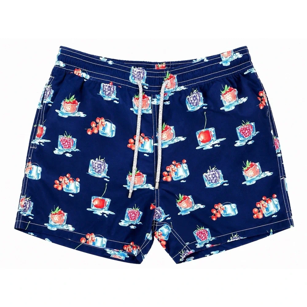 Vilebrequin Swim Trunks Navy Blue Fruit Ice Cube Print Men's Swim Shorts XL